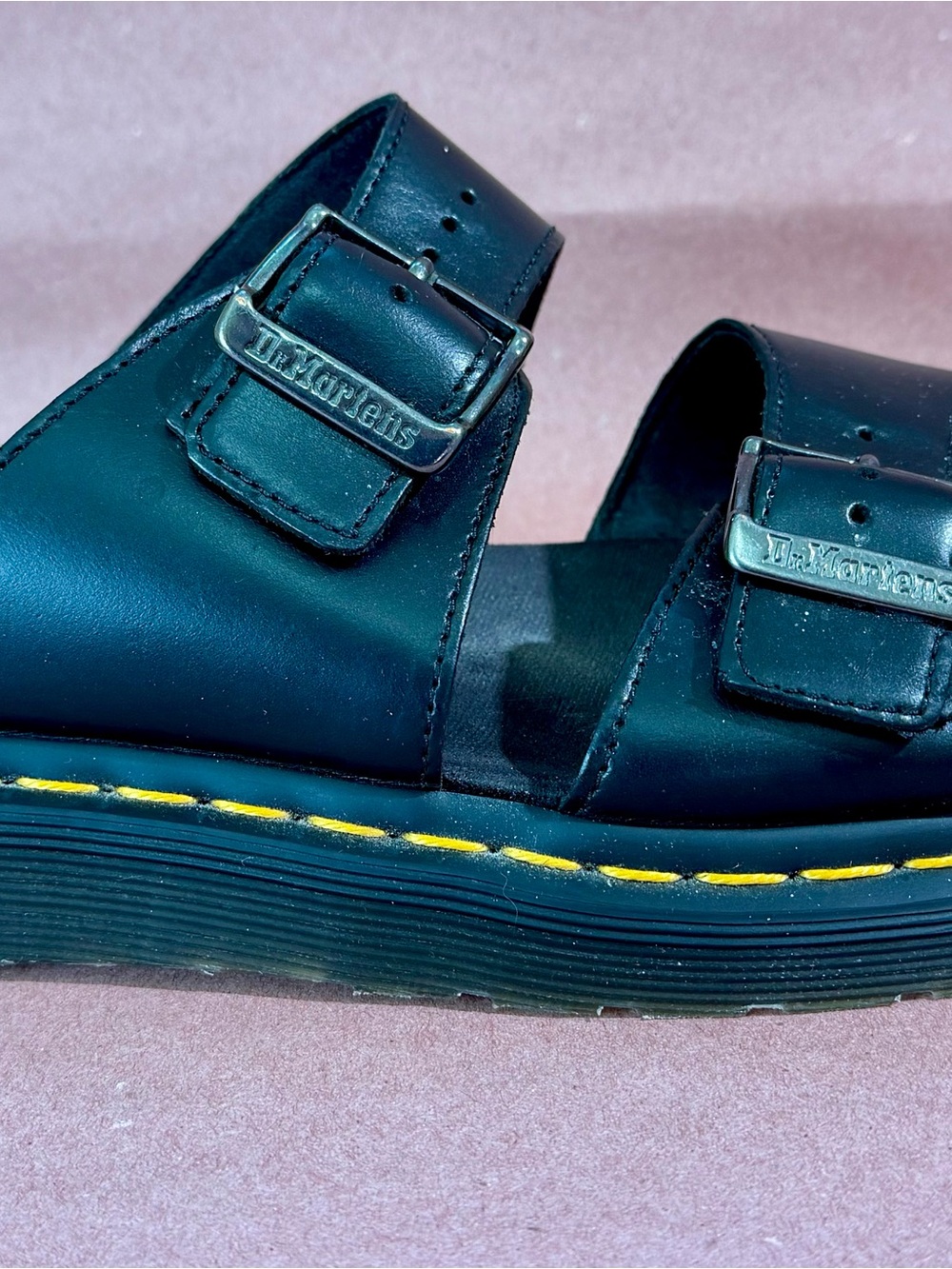 Dr. Martens Black Leather Double-Buckle Sandal with Yellow Stitching